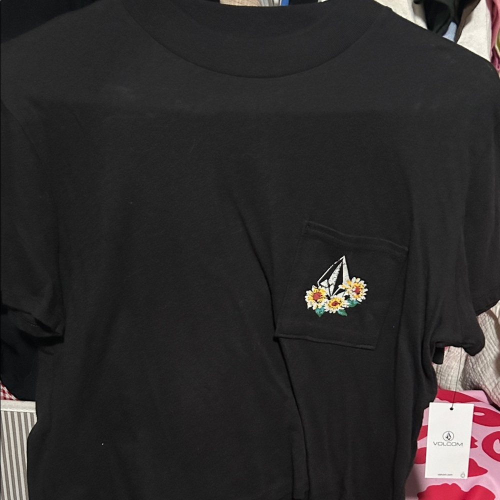 Volcom Black Tee with Floral Pocket Design